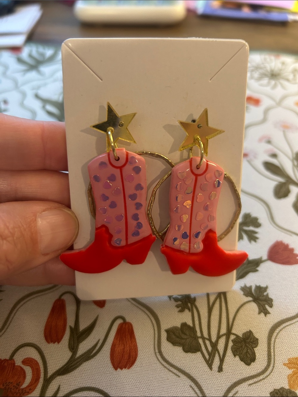 Clay women’s Pink and Red Cowboy Boot Dangle Earrings with Star Studs